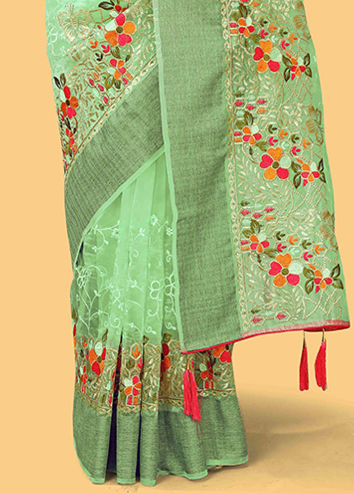 Green Organza Saree With Blouse Piece Discount Eastbay