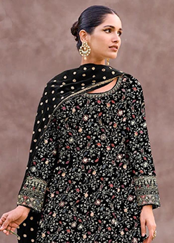 3 Pc Black Semi Stitched Georgette Suit Set Discount The Cheapest