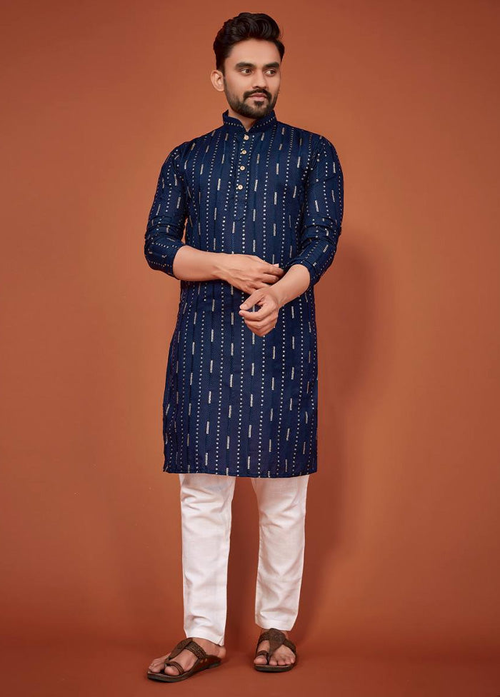 Navy Blue Cotton Kurta And Pajama Set Cheap Free Shipping