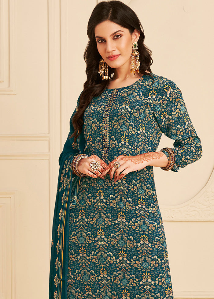 3 Pc Navy Blue Unstitched Pure Silk Suit Set Buy Cheap Latest