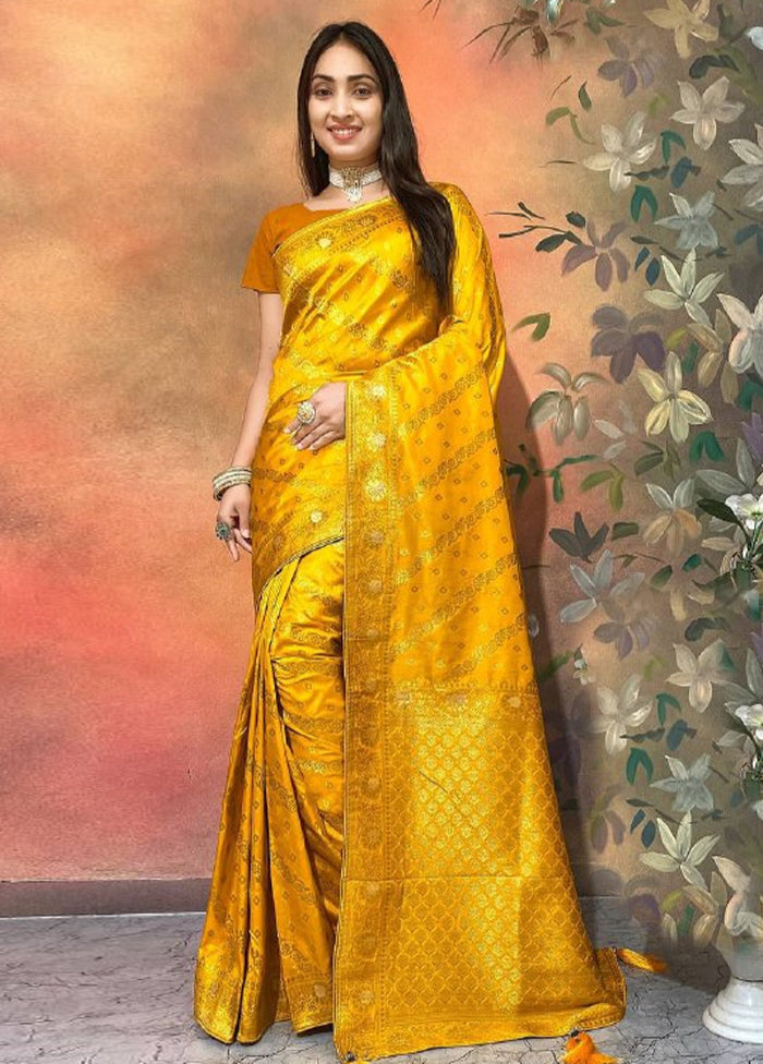 Yellow Dupion Silk Saree With Blouse Piece Clearance Fast Delivery