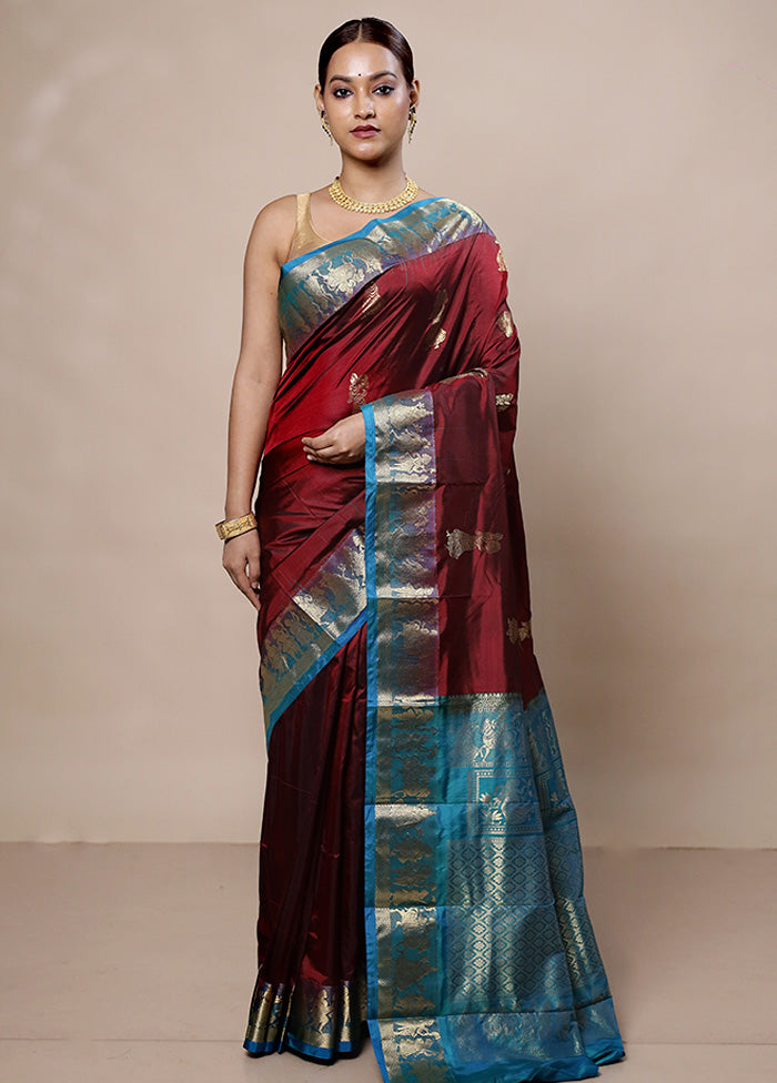 Maroon Handloom Kanjivaram Pure Silk Saree With Blouse Piece Wide Range Of Cheap Pice