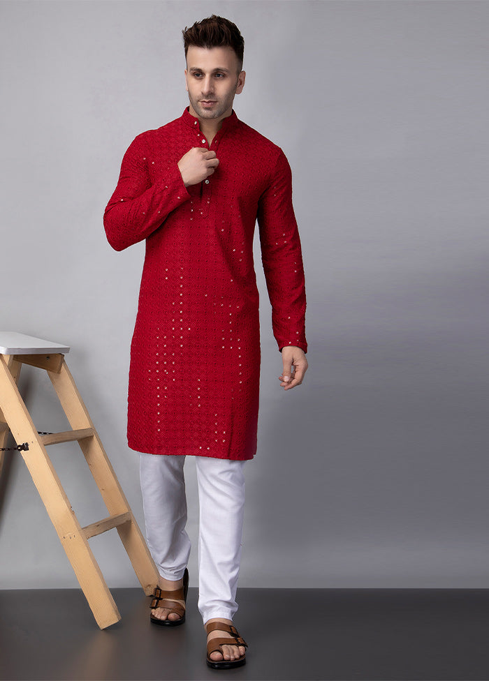 2 Pc red Viscose Kurta Pajama Set Free Shipping Real