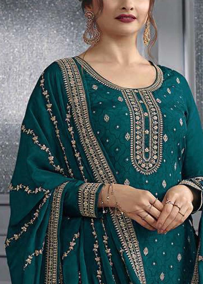 3 Pc Teal Semi Stitched Silk Suit Set Real Sale Online