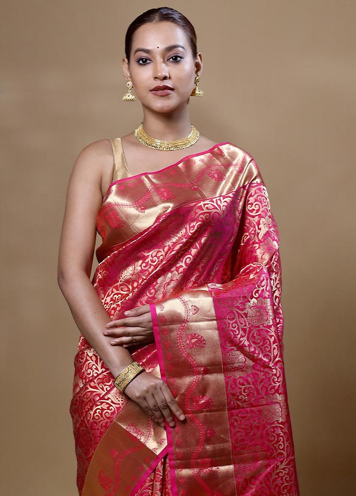 Pink Handloom Kanjivaram Pure Silk Saree With Blouse Piece With Credit Card