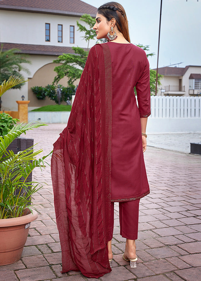 3 Pc Maroon Readymade Cotton Suit Set 100% Guaranteed