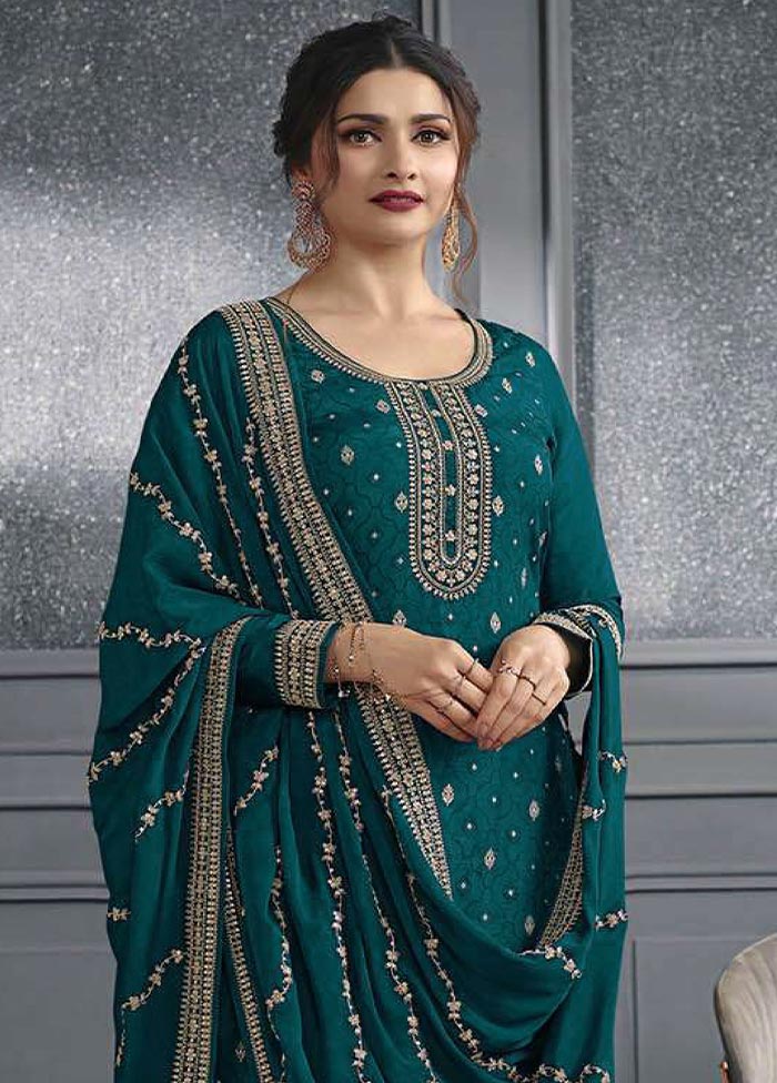 3 Pc Teal Semi Stitched Silk Suit Set Real Sale Online