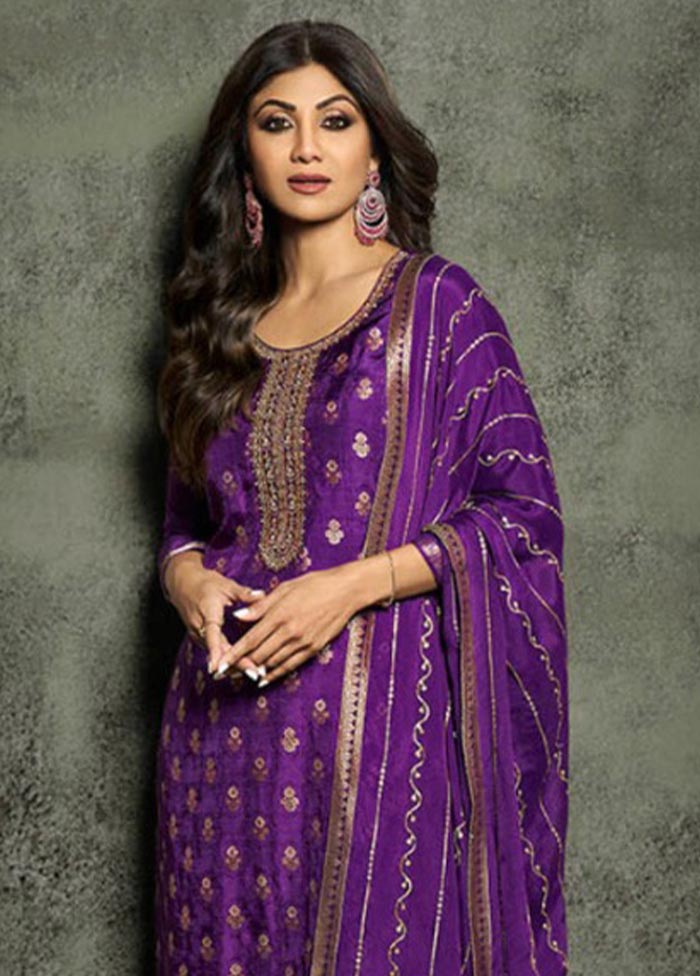 3 Pc Purple Semi Stitched Viscose Suit Set Buy Cheap Latest