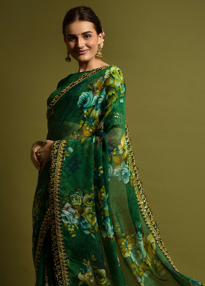 Green Chiffon Silk Saree With Blouse Piece Popular Cheap Online