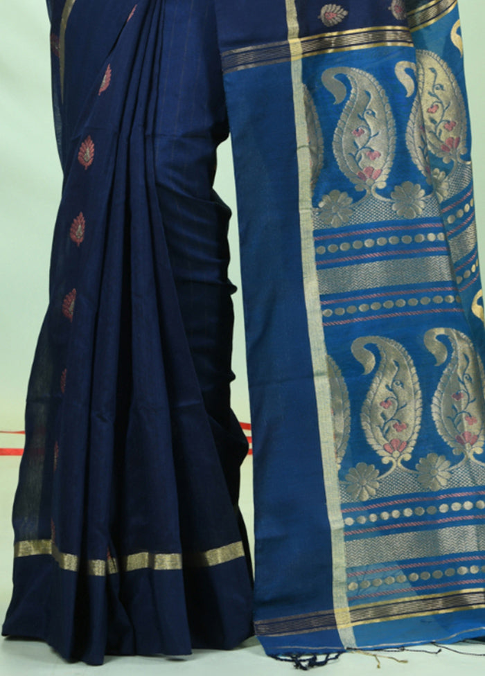 Navy Blue Pure Cotton Saree With Blouse Piece Outlet New Arrival