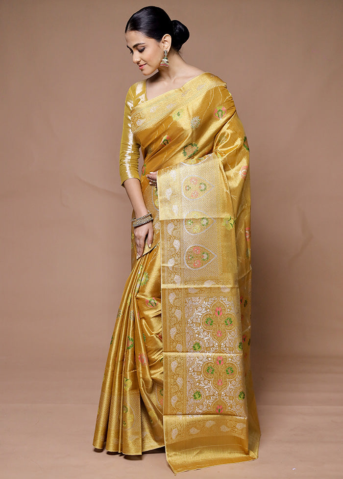 Golden Tissue Silk Saree With Blouse Piece Quality Original