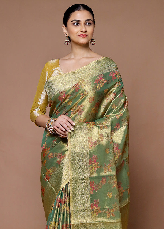 Green Tissue Silk Saree With Blouse Piece Fashionable Cheap Pice