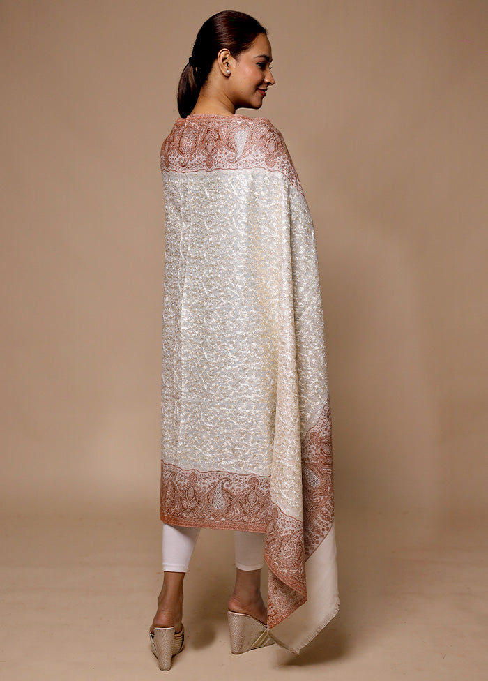 White Butta Work With Zari Woven Border Shawl Store Sale