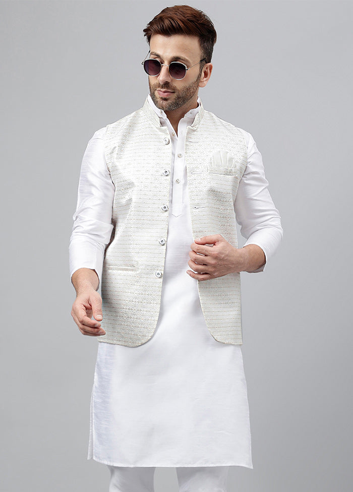 3 Pc White Viscose Nehru Set Discount Pices