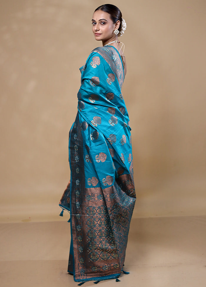 Blue Dupion Silk Saree With Blouse Piece Clearance With Credit Card