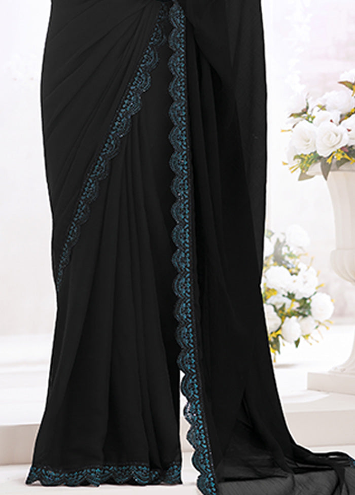 Black Chiffon Silk Saree With Blouse Piece Clearance 100% Original