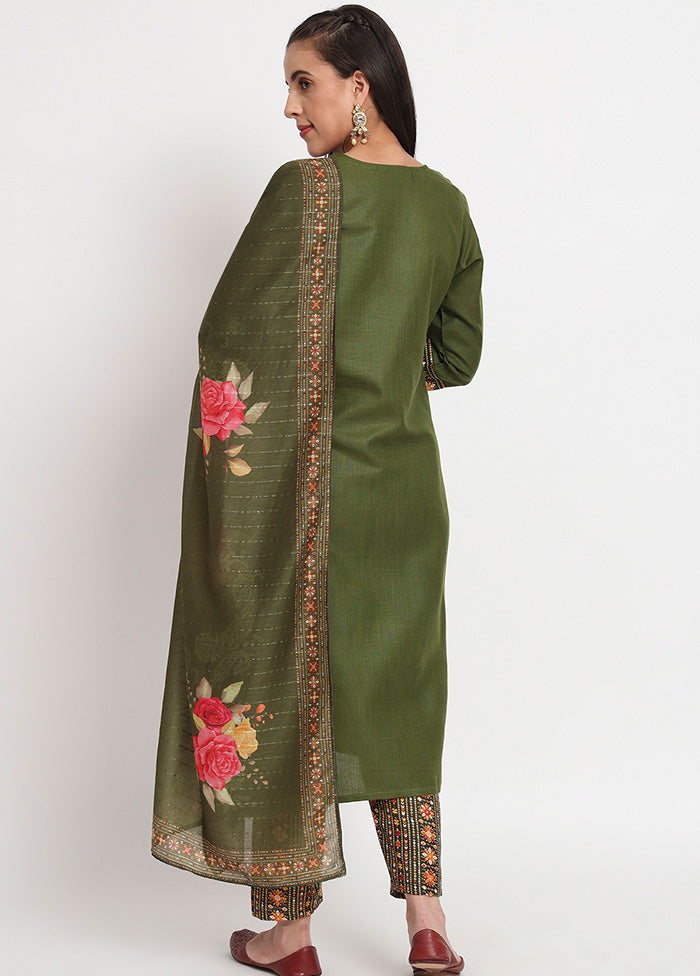 3 Pc Green Readymade Cotton Dupatta Suit Set Sale Fashion