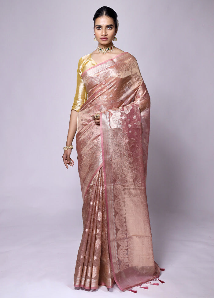 Peach Crushed Tissue Silk Saree With Blouse Piece Outlet Cheap Online