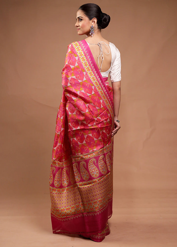 Pink Printed Pure Silk Saree Without Blouse Piece Cheap Sale Online