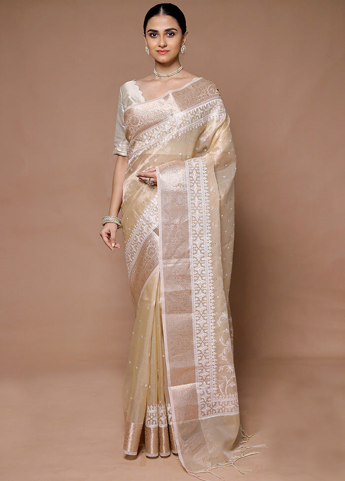 Cream Tissue Silk Saree With Blouse Piece Cheap Sale Purchase