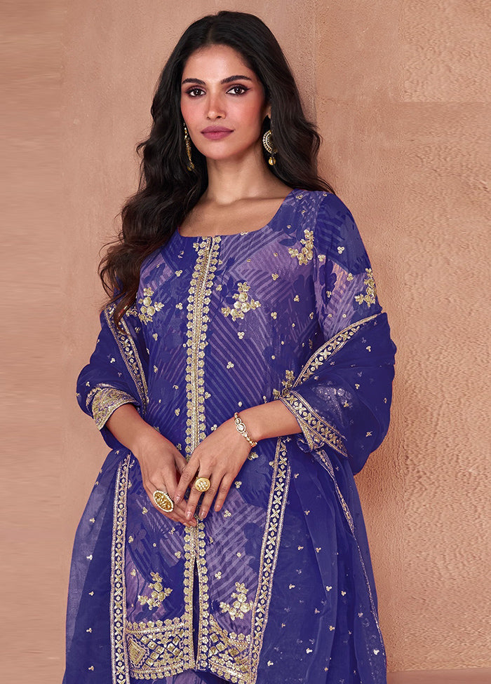 3 Pc Blue Semi Stitched Georgette Suit Set Outlet 100% Original