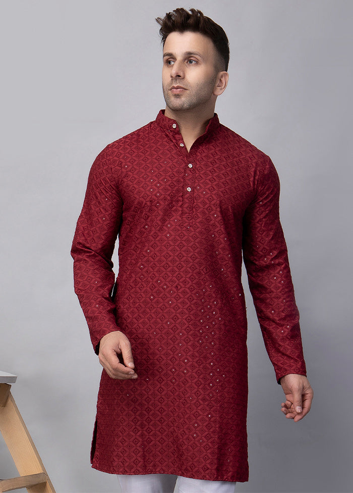 Red Viscose Embroidered Knee Length Kurta For Nice For Sale