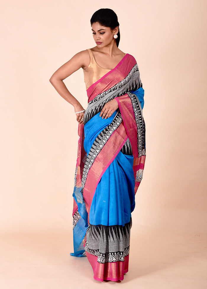 Blue Chanderi Cotton Saree With Blouse Piece 100% Original Sale Online