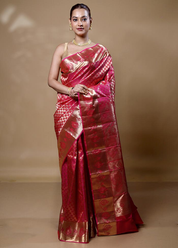 Pink Handloom Kanjivaram Pure Silk Saree With Blouse Piece For Sale 2025