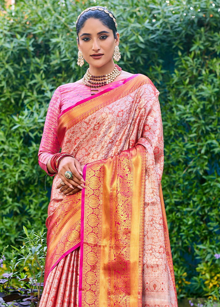 Peach Banarasi Silk Saree With Blouse Piece Sale Choice