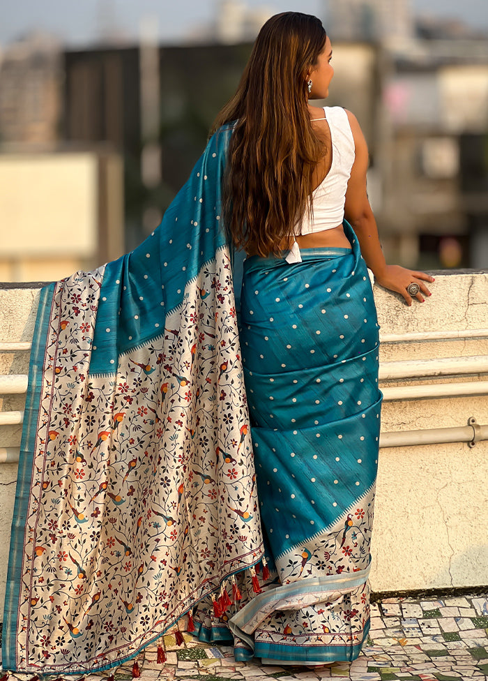 Turquoise Spun Silk Saree With Blouse Piece The Cheapest