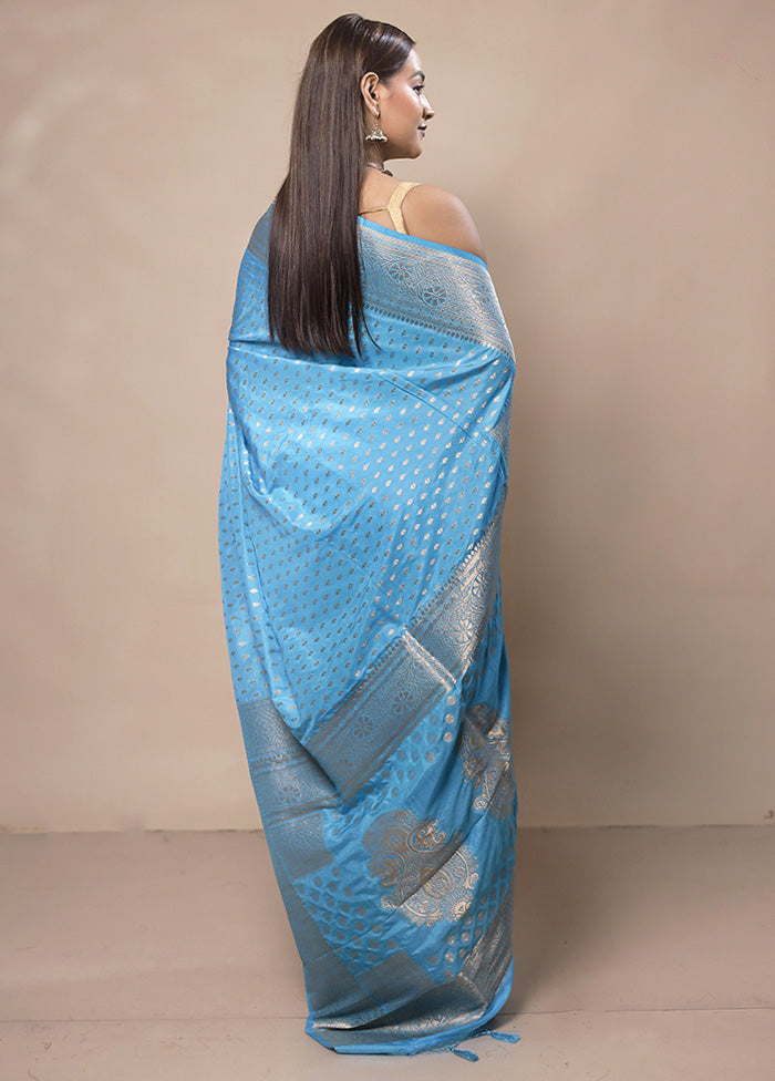 Blue Dupion Silk Saree With Blouse Piece Purchase For Sale