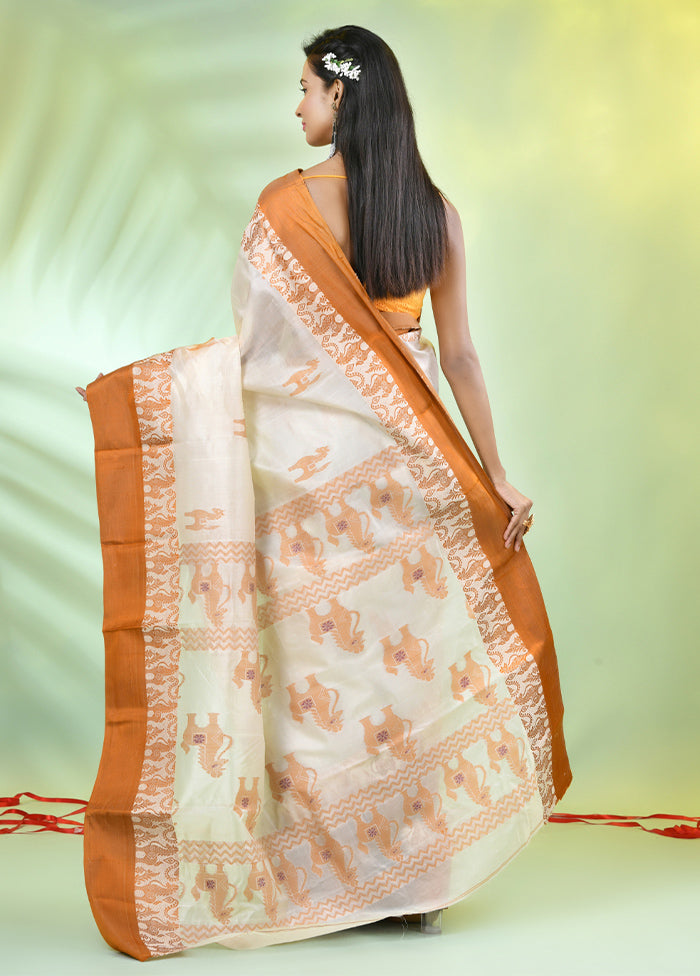 Off White Tussar Pure Silk Horse Motifs Woven Saree Without Blouse Piece Buy Cheap Big Discount