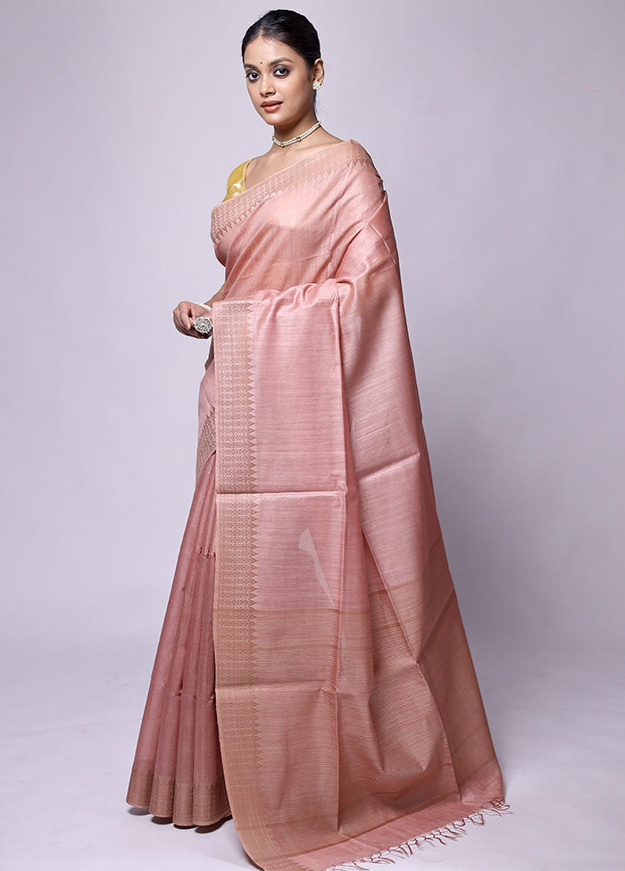 Pink Tussar Silk Saree With Blouse Piece Cheap With Credit Card