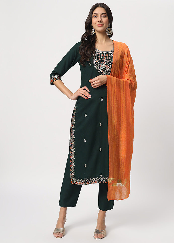 3 Pc Bottle Green Readymade Cotton Dupatta Suit Set Sale With Mastercard