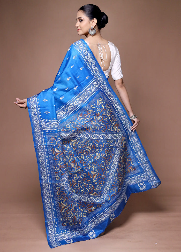 Blue Handloom Kantha Stitch Pure Silk Saree With Blouse Piece Discount How Much