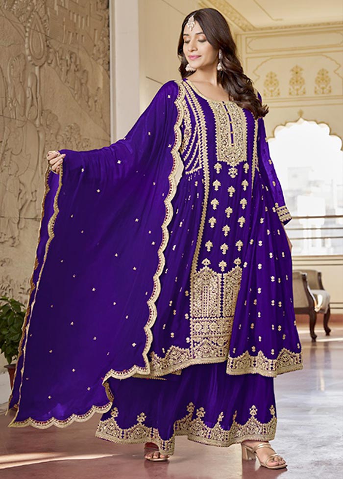 3 Pc Purple Semi Stitched Silk Suit Set Online Online Cheap Pice