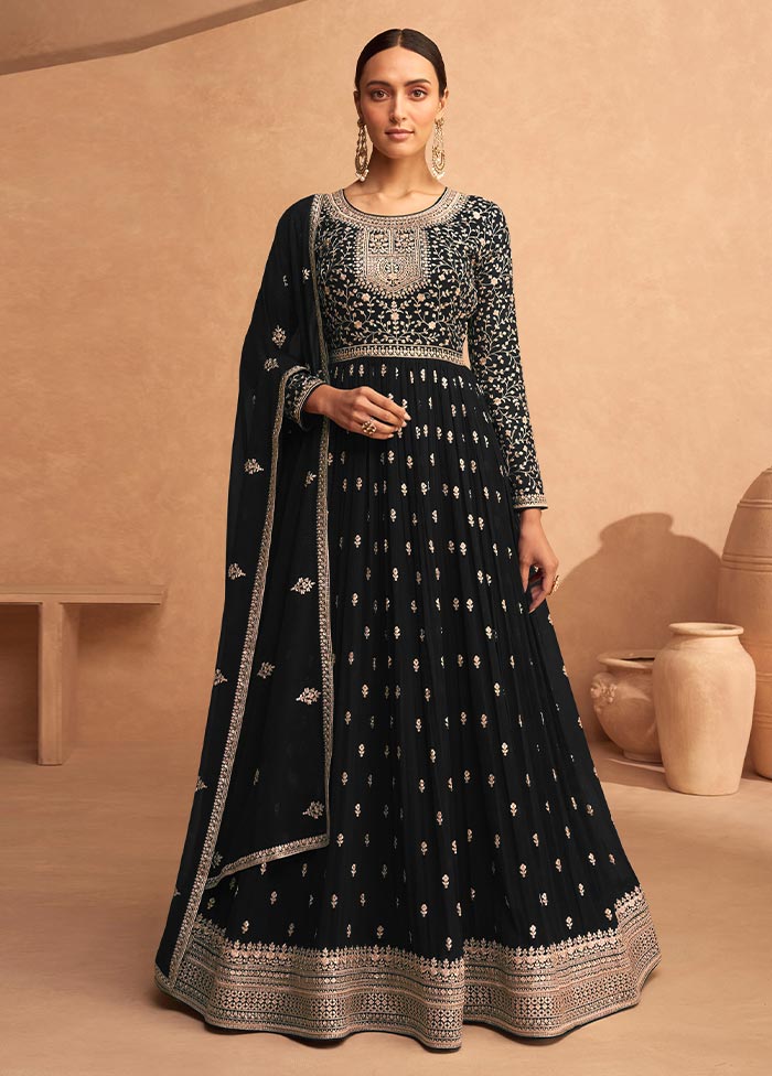 3 Pc Black Semi Stitched Georgette Suit Set Online Shop From China