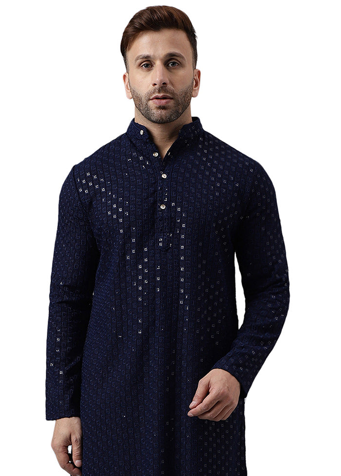 Navy Blue Silk Embroidered Kurta Cheap Sale Exclusive