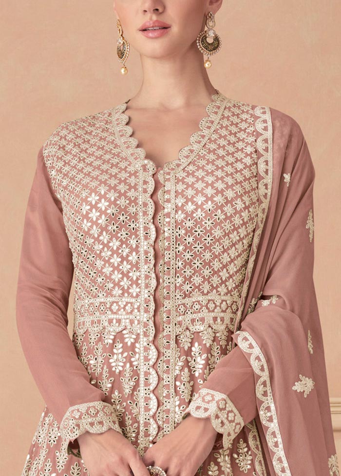 3 Pc Dark Peach Semi Stitched Georgette Suit Set Visit Sale Online