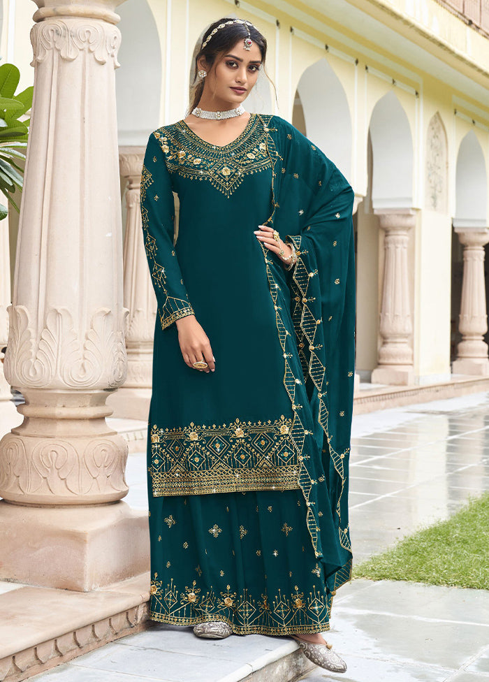 3 Pc Teal Semi Stitched Georgette Suit Set Clearance Online Official Site