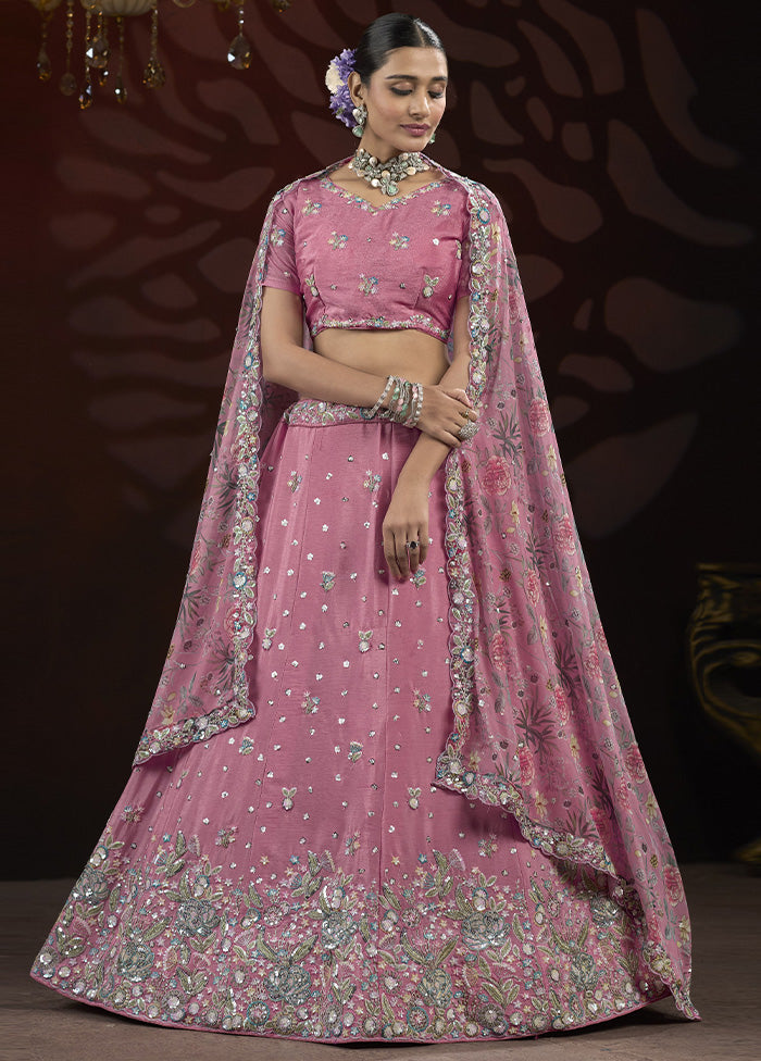 3 Pc Pink Silk Semi Stitched Lehenga Set Cheap Pice Store