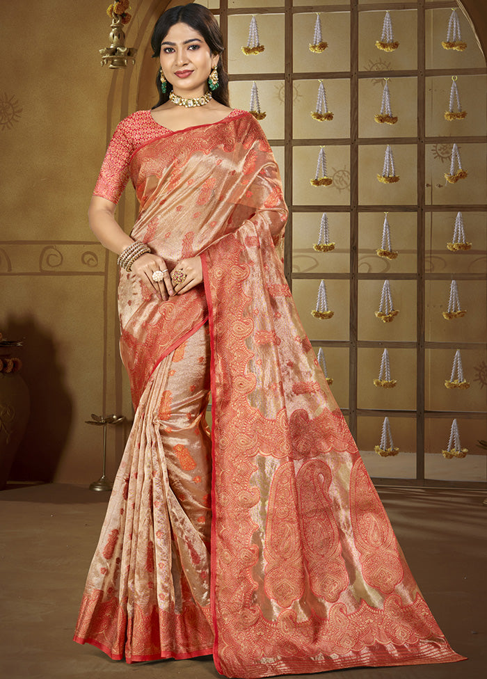 Peach Spun Silk Saree With Blouse Piece Sale Great Deals