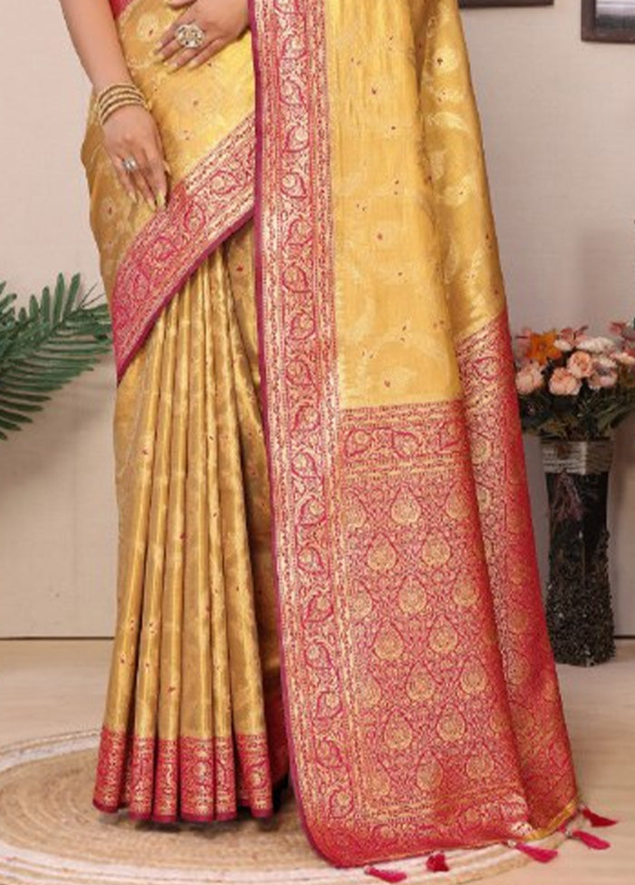 Golden Spun Silk Saree With Blouse Piece Sale 100% Authentic