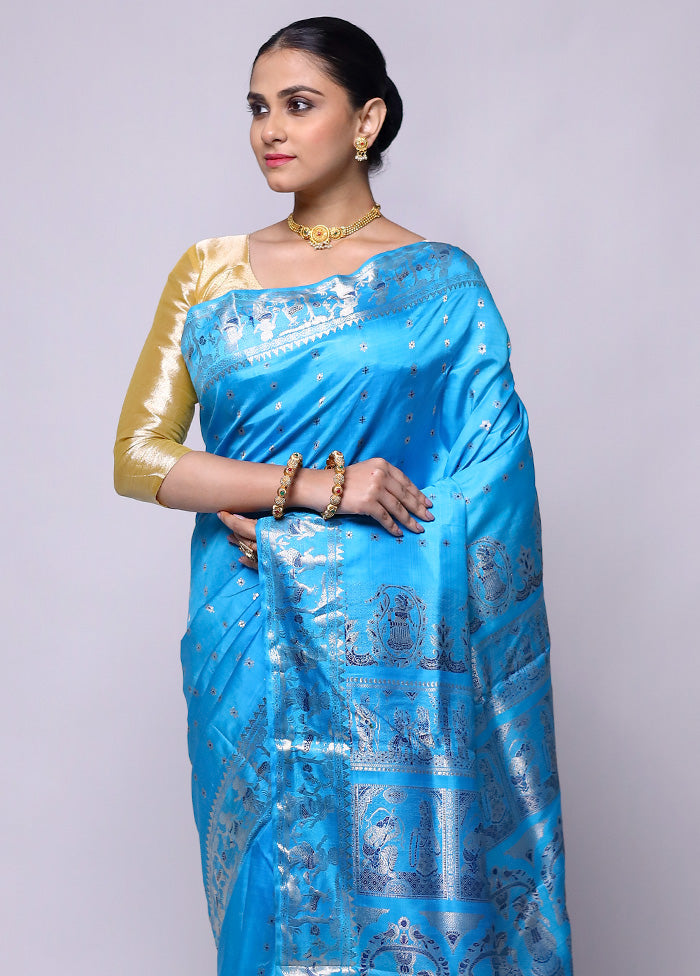 Blue Handloom Baluchari Pure Silk Saree With Blouse Piece Sale Genuine