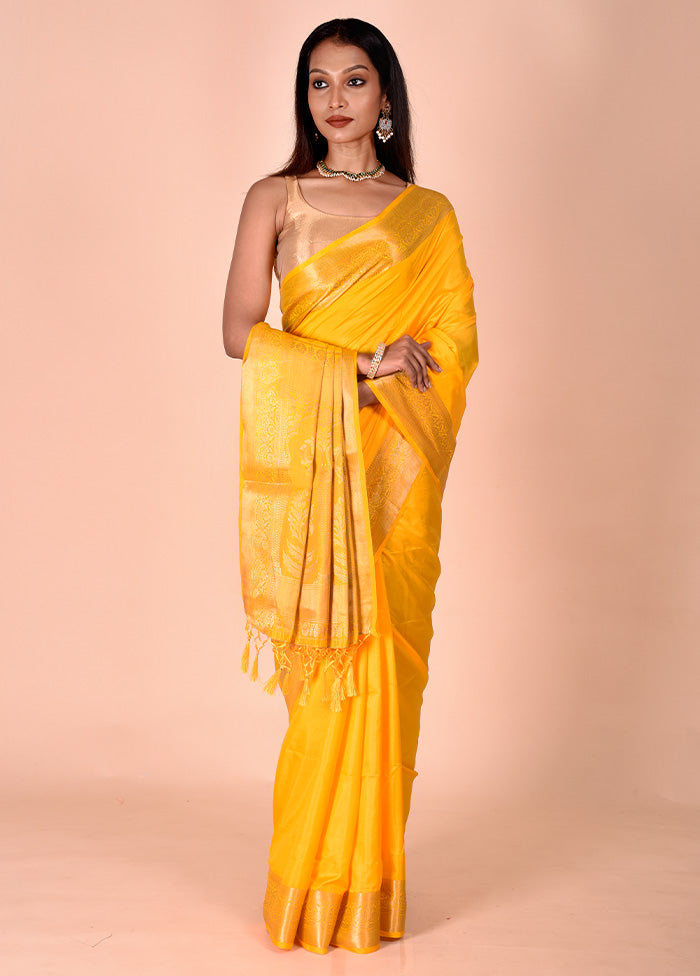 Yellow Dupion Silk Saree With Blouse Piece Clearance Get To Buy