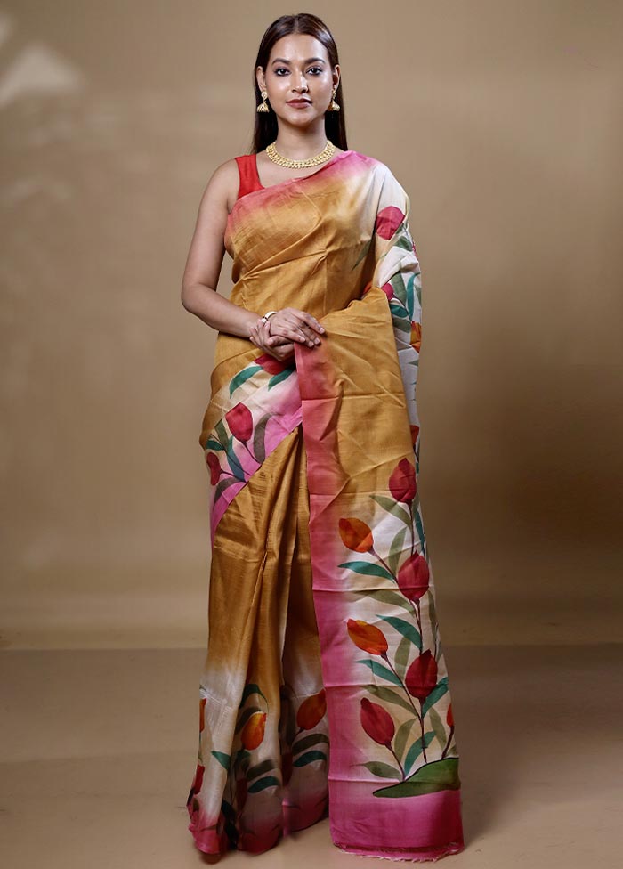 Yellow Printed Pure Silk Saree Without Blouse Piece Visit New Cheap Pice