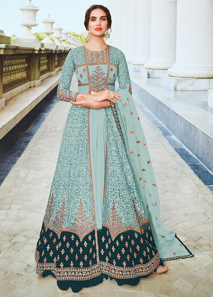 3 Pc Sky Blue Semi Stitched Net Suit Set Buy Sale Online