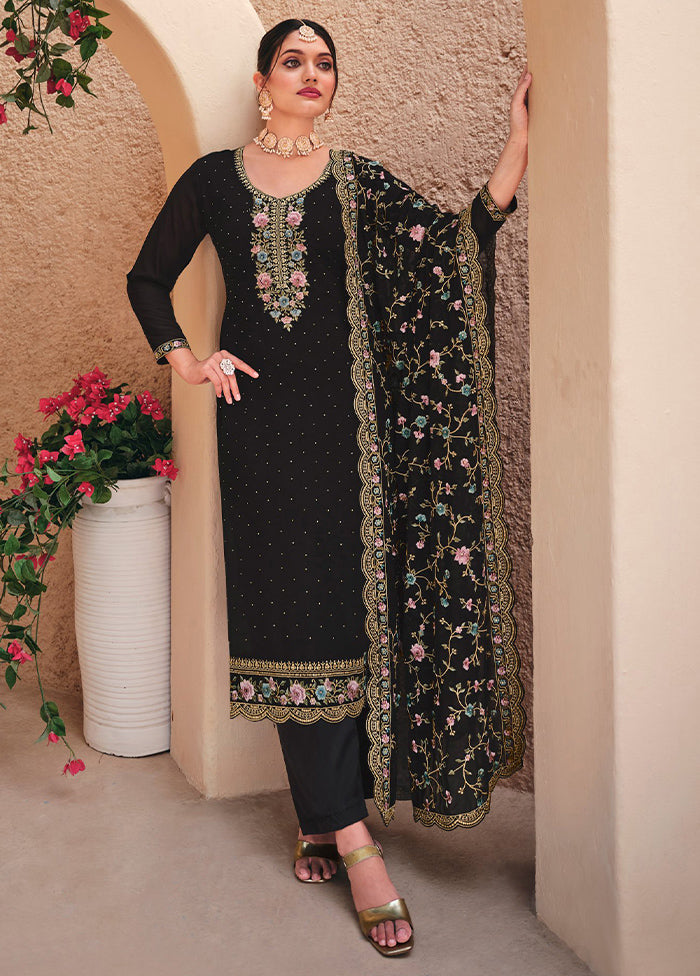 3 Pc Black Semi Stitched Georgette Suit Set Sale View