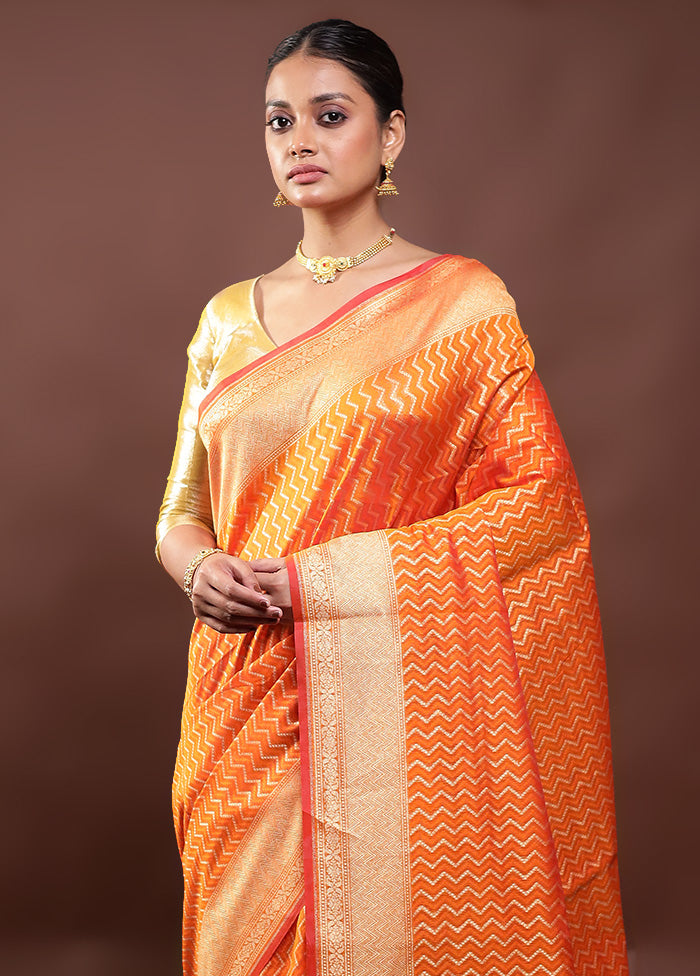 Orange Kora Silk Saree With Blouse Piece Cheap Sale Choice