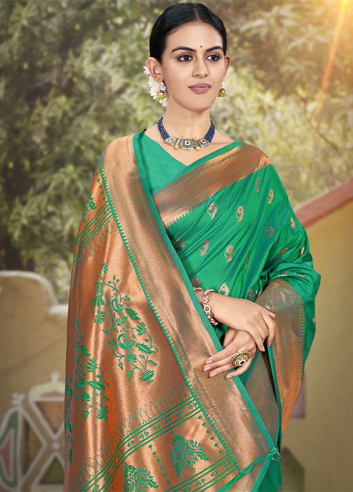 Rama Green Spun Silk Saree With Blouse Piece Sale Cheap Pice